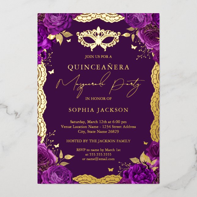 Invitation En Aluminium Masquerade Party Purple Floral dentelle Quinceaner (Recto)
