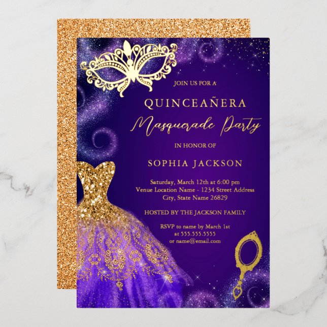 Invitation En Aluminium Masquerade Party Purple Gold robe Quinceanera (Recto/Verso)