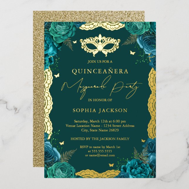 Invitation En Aluminium Masquerade Party Turquoise Floral Dentelle Quincea (Recto/Verso)