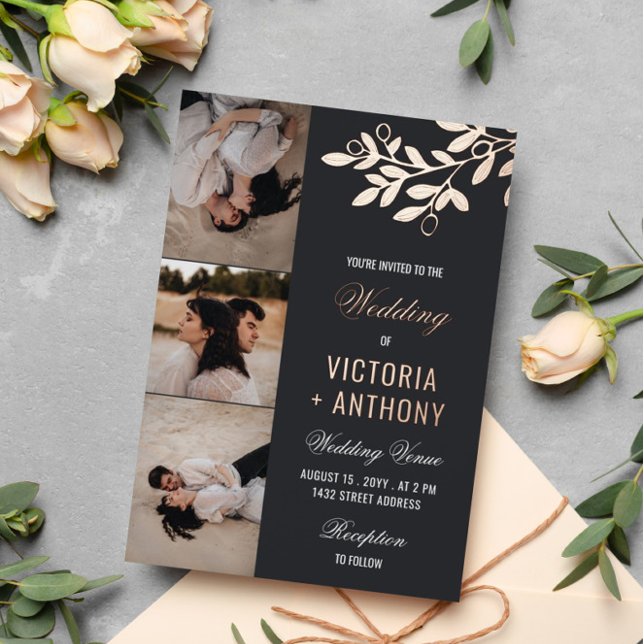 Invitation En Aluminium Matte Black Rose Gold Berry Twig 3 Photos Mariage (Créateur téléchargé)