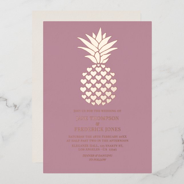 Invitation En Aluminium Mauve & Rose Gold Tropical Pineapple Wedding (Recto/Verso)