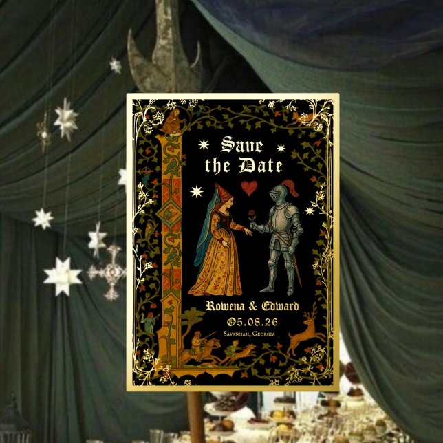 Invitation En Aluminium Medieval Knight and Lady Manuscript Save the Date (Créateur téléchargé)