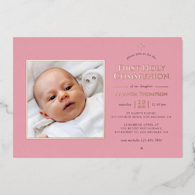 Invitation En Aluminium Mélange et Rose Or Géométrique Sainte Communion (Recto)