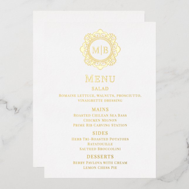 Invitation En Aluminium Menu Mariage Monogramme Floral Orné (Recto/Verso)