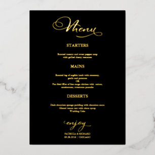 Invitation En Aluminium Menu mariage Simple Elegant Black Gold