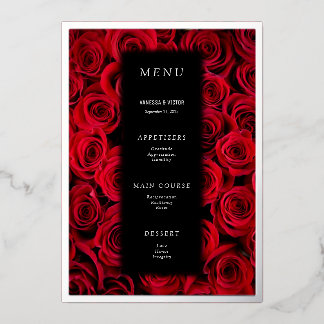 Invitation En Aluminium Menus de mariage luxe Noir Faux Argent Roses Rouge