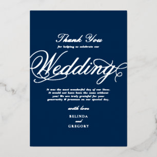 Invitation En Aluminium Merci Mariage bleu de la marine en argent réel