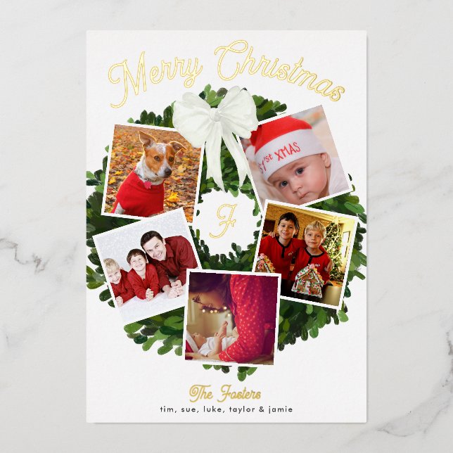 Invitation En Aluminium Merry Christmas Wreath 5 Photo Personnalisée, Or (Recto)