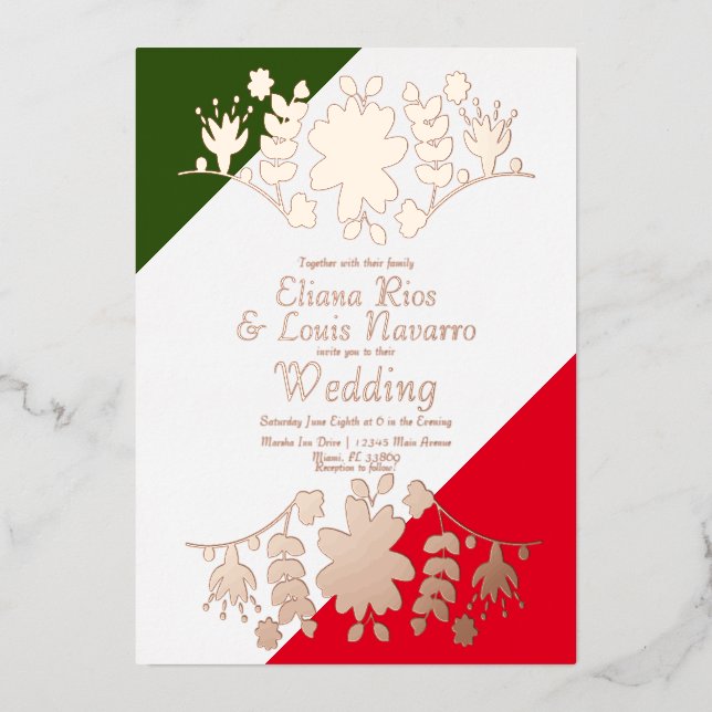 Invitation En Aluminium Mexicain Folal Coeur Floral Mariage rouge vêtu (Recto)