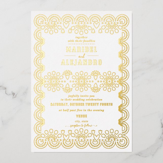 Invitation En Aluminium Mexique Papel Picado Mariage blanc floral (Recto)