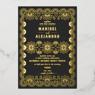 Invitation En Aluminium Mexique Papel Picado Mariage noir floral
