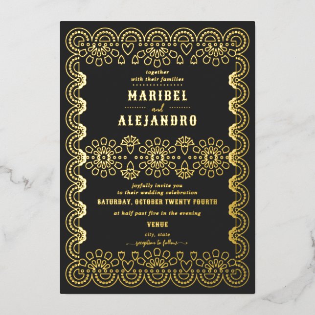 Invitation En Aluminium Mexique Papel Picado Mariage noir floral (Recto)