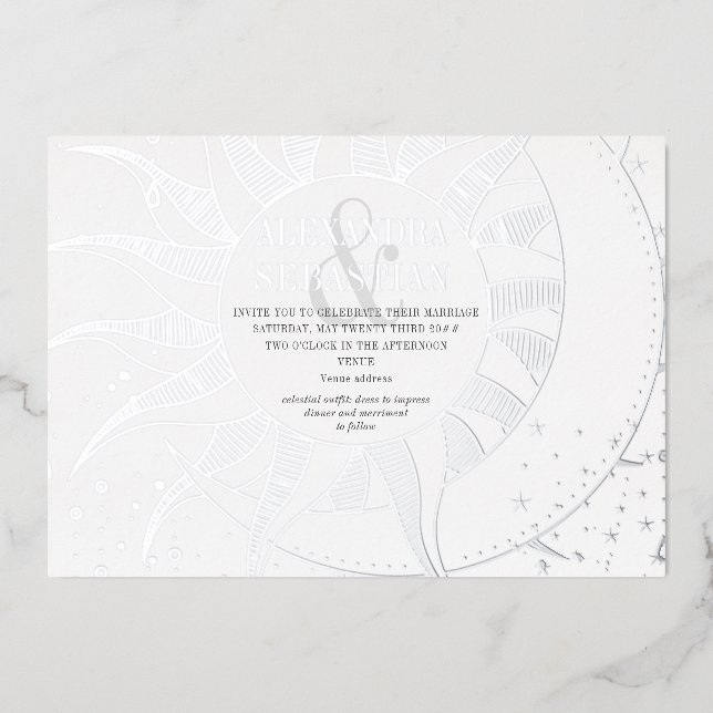 Invitation En Aluminium Midnight Stars Moon Sun Celestin Mariage Argent (Recto)