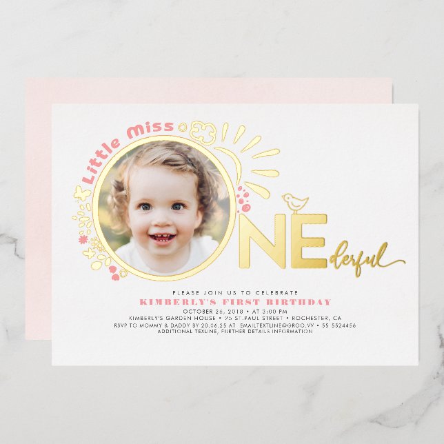 Invitation En Aluminium Mignonne rose petite Miss Onederday 1er Anniversai (Recto/Verso)