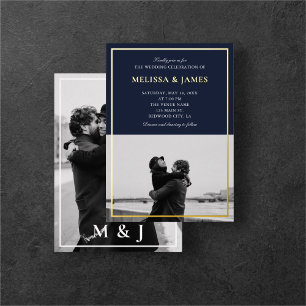 Invitation En Aluminium Mini Élégant Script photo Mariage bleu marine