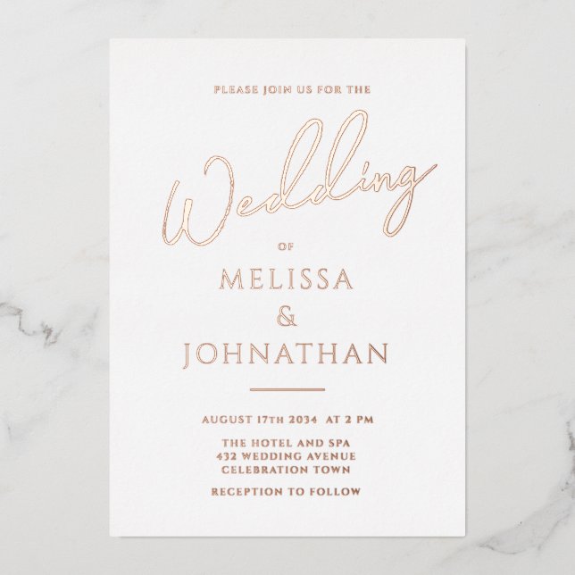 Invitation En Aluminium Mini Rose Gold Foil Script Mariage élégant (Recto)