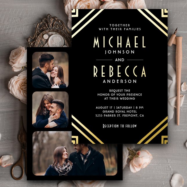 Invitation En Aluminium Minimal géométrique Art Déco Mariage Black Gold (Créateur téléchargé)