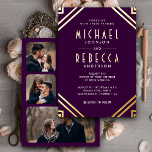 Invitation En Aluminium Minimal géométrique Art Déco Mariage Purple Gold