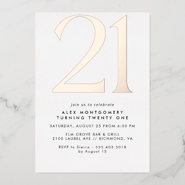 Invitation En Aluminium Minimal moderne | Blanc & Rose Gold 21e anniversai (Recto)
