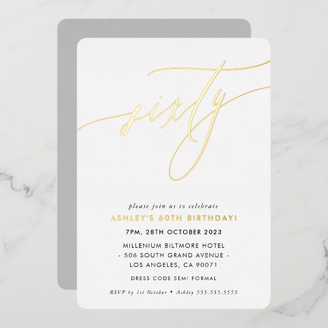 Invitation En Aluminium MINIMALIST Calligraphie chic or 60e anniversaire (Recto/Verso)