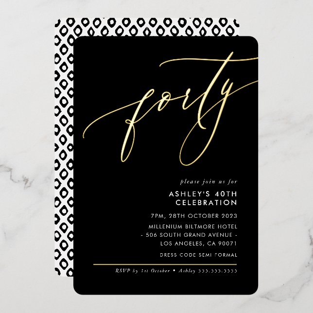 Invitation En Aluminium MINIMALIST Calligraphie élégante 40ème fête noir (Recto/Verso)