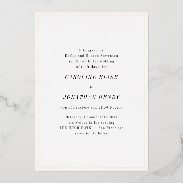 Invitation En Aluminium Minimalist Elegant Black White Serif Wedding Gold (Recto)