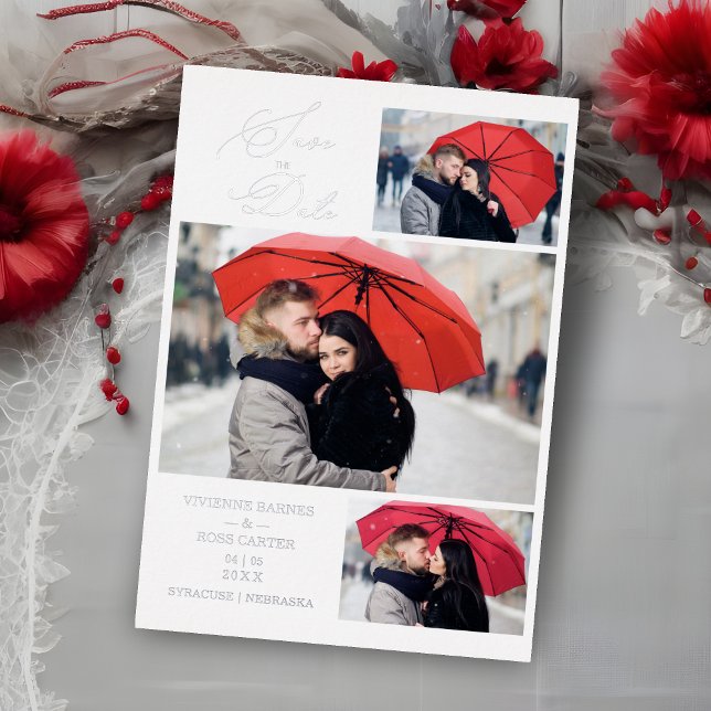 Invitation En Aluminium Minimalist Luxury 3 Photos Wedding Silver  (Wedding Silver Minimalist Luxury 3 Photos Real Foil Save the Date Card with Envelope.)