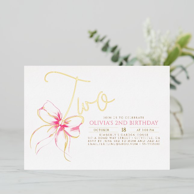 Invitation En Aluminium Minimalist Modern Elegant Pink Bow 2nd Birthday (Debout devant)