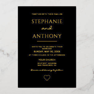 Invitation En Aluminium Minimaliste Coeur noir et or Mariage moderne