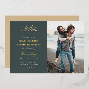 Invitation En Aluminium Minimaliste Dark Turquoise & Sepia Branche Mariage