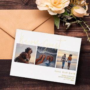 Invitation En Aluminium Minimaliste Élégant Faux Effet Or 3 Photos Mariage