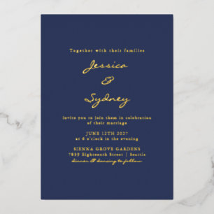 Invitation En Aluminium Minimaliste Moderne Marine Bleu Script Mariage Or