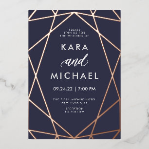 Invitation En Aluminium Minimaliste moderne or Rose sur bleu foncé MARIA