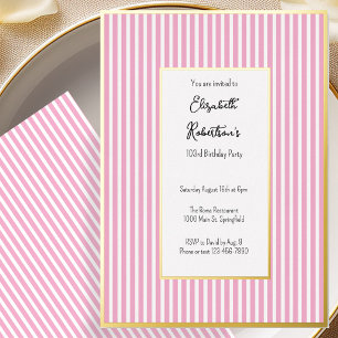 Invitation En Aluminium Minimaliste Rayures Roses Or 103e Anniversaire