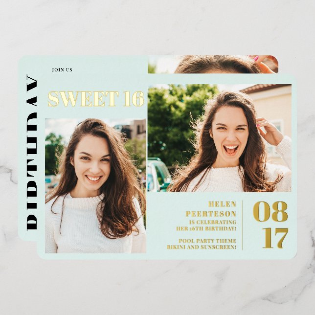 Invitation En Aluminium Mint bleu moderne audacieux 3 photos Sweet 16 (Recto/Verso)