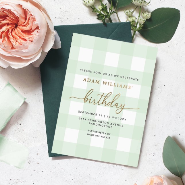 Invitation En Aluminium Mint Green En vichy Anniversaire Gold Foil Invitat (Créateur téléchargé)