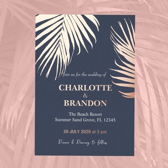 Invitation En Aluminium Minuit Bleu Tropical Palm Leaf Mariage Gold (Créateur téléchargé)
