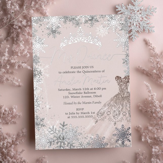 Invitation En Aluminium Mis Quince Blush Winter Snowflake Quinceanera (Créateur téléchargé)