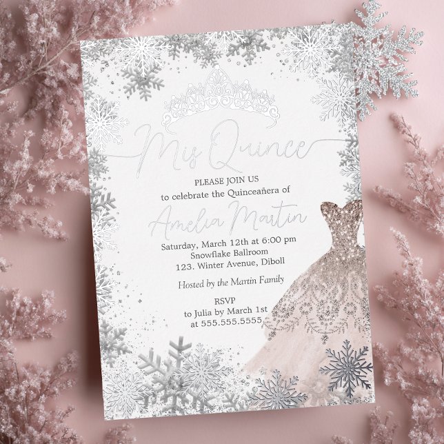 Invitation En Aluminium Mis Quince Winter Flèche de neige Blush Quinceaner (Créateur téléchargé)