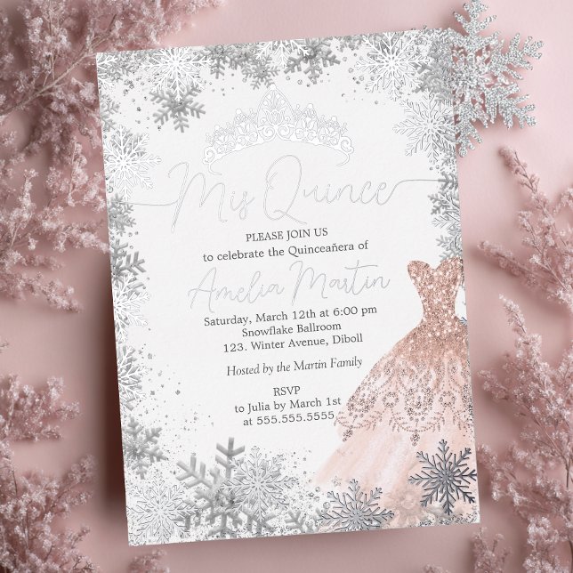 Invitation En Aluminium Mis Quince Winter Flèche de neige Blush Quinceaner (Créateur téléchargé)