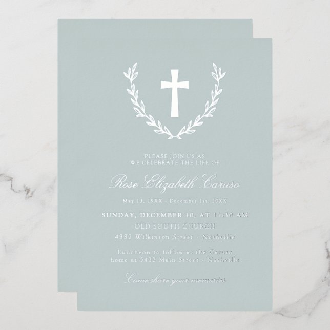 Invitation En Aluminium Mist Silver Wreath Cross Célébration de la vie (Recto/Verso)