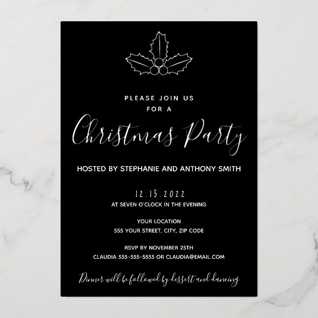 Invitation En Aluminium Mistletoe noir et or minimum Noël (Devant)