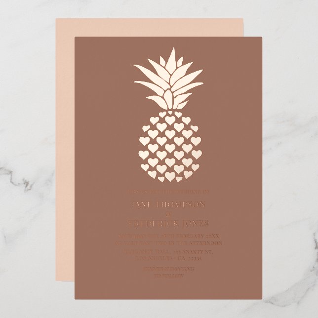 Invitation En Aluminium Mocha & Rose Gold Tropical Pineapple Wedding (Recto/Verso)