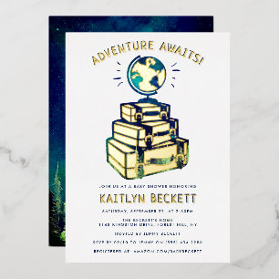Invitation En Aluminium Modern Adventure Travel Globe Baby shower Real