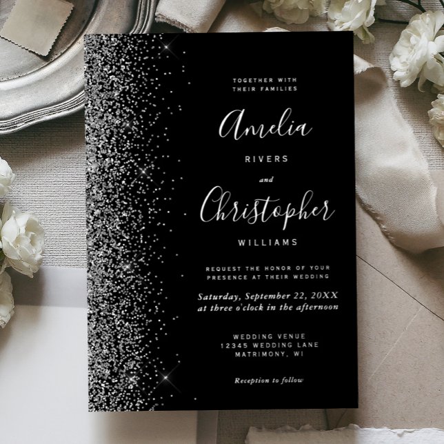 Invitation En Aluminium Modern Black Silver Glitter Edge Wedding (Créateur téléchargé)