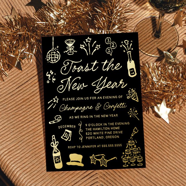 Invitation En Aluminium Modern Hand Drawn Doodle New Year’s Eve Party (Créateur téléchargé)