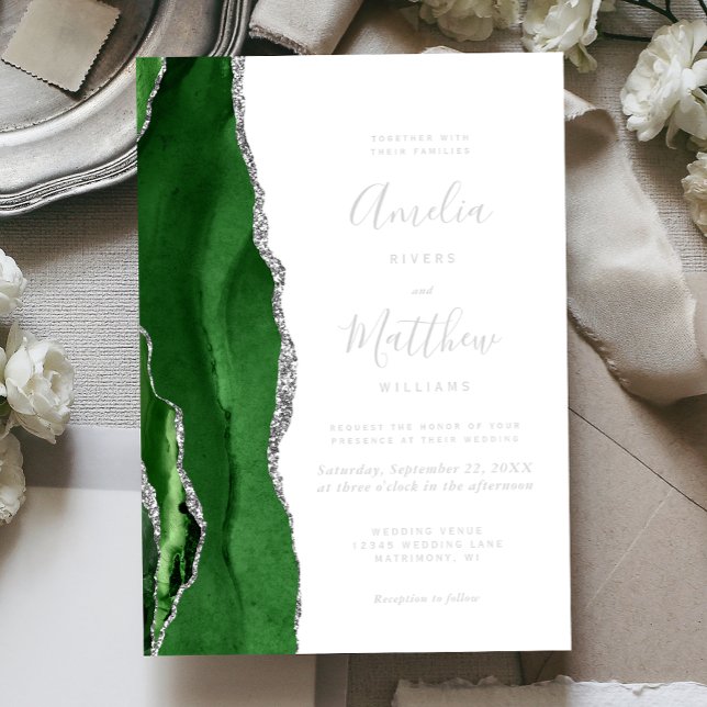 Invitation En Aluminium Modern Hunter Green Silver Agate Wedding (Créateur téléchargé)