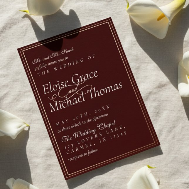 Invitation En Aluminium Modern Minimalist Script Vineyard Red Wedding (Announce your special day with this luxurious Real Foil Wedding Invitation!)