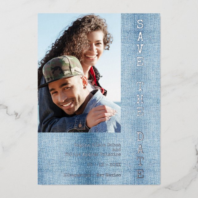 Invitation En Aluminium Modern Romantic Blue Jean Engaged Couple Photo (Recto)