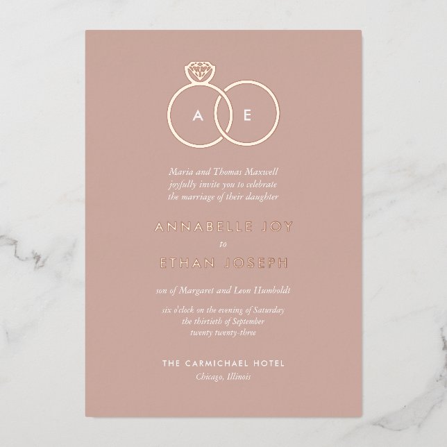 Invitation En Aluminium Modern Rose Gold Rings Deep Blush Wedding (Recto)